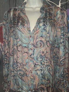 Michelle Stuart Paisley Button-Front Blouse in Navy, Teal, Coral